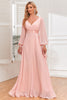 Załaduj obraz do przeglądarki galerii, Szyfonowa Różowa Sukienka Wizytowa Z Dekoltem W Szpic Z Długimi Rękawami