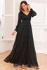 Załaduj obraz do przeglądarki galerii, Brokatowa sukienka w kształcie litery A z długimi rękawami Czarna sukienka dla matki panny młodej z rozcięciem
