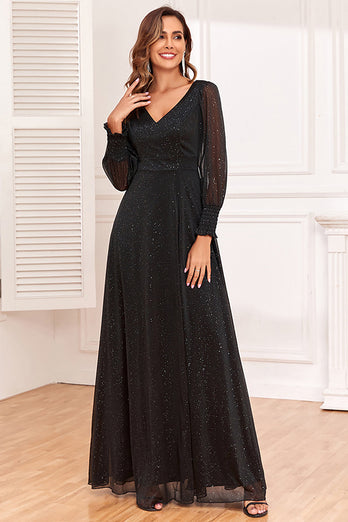 Brokatowa sukienka w kształcie litery A z długimi rękawami Czarna sukienka dla matki panny młodej z rozcięciem