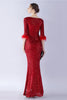 Załaduj obraz do przeglądarki galerii, Granatowy Cekinowy Dekolt W Serek Pół Rękawa Płaszczowa Sukienka Wizytowa Z Piórem