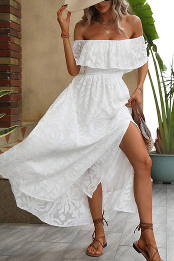 Biała letnia sukienka w kształcie litery A z rozcięciem
