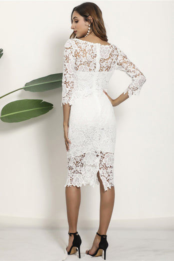Biała koronkowa sukienka midi z półrękawami