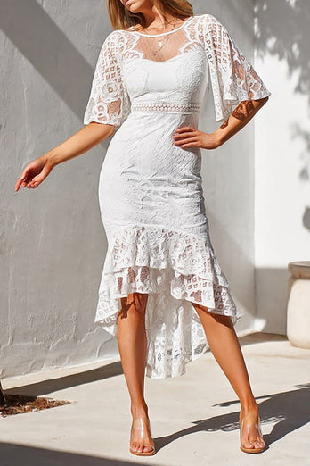 Biała koronkowa sukienka midi syrenka z półrękawem