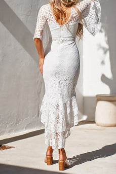 Biała koronkowa sukienka midi syrenka z półrękawem