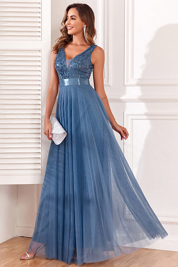 Niebieski Długa Sukienka Na Wesele W Kształcie Litery A
