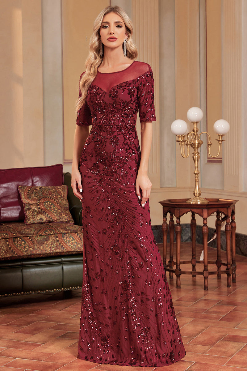 Załaduj obraz do przeglądarki galerii, Brokatowa Burgundia Sukienka Syrenka Na Studniówkę Z Cekinami