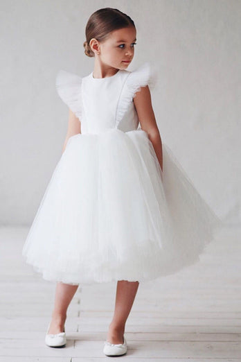 Biała linia A Okrągły dekolt Bez rękawów Tiulowa sukienka dla dziewczynki w kwiaty