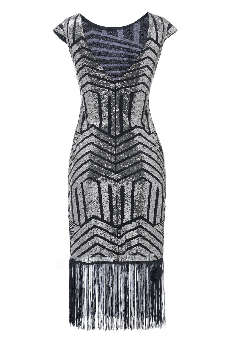 Załaduj obraz do przeglądarki galerii, Srebrna sukienka z okrągłym dekoltem lata 20