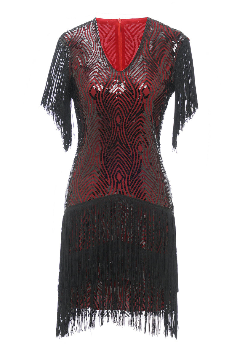 Załaduj obraz do przeglądarki galerii, Czarna Czerwona Sukienka Lata 20 z Dekoltem w Serek