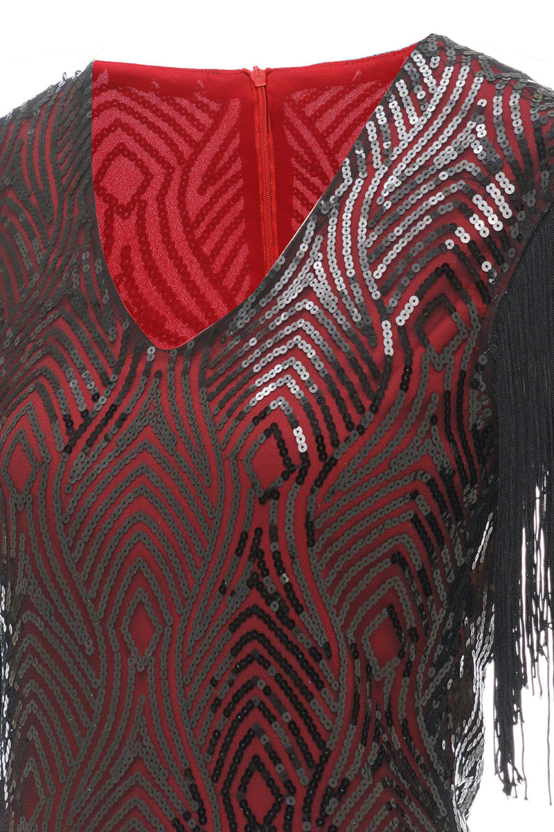 Załaduj obraz do przeglądarki galerii, Czarna Czerwona Sukienka Lata 20 z Dekoltem w Serek
