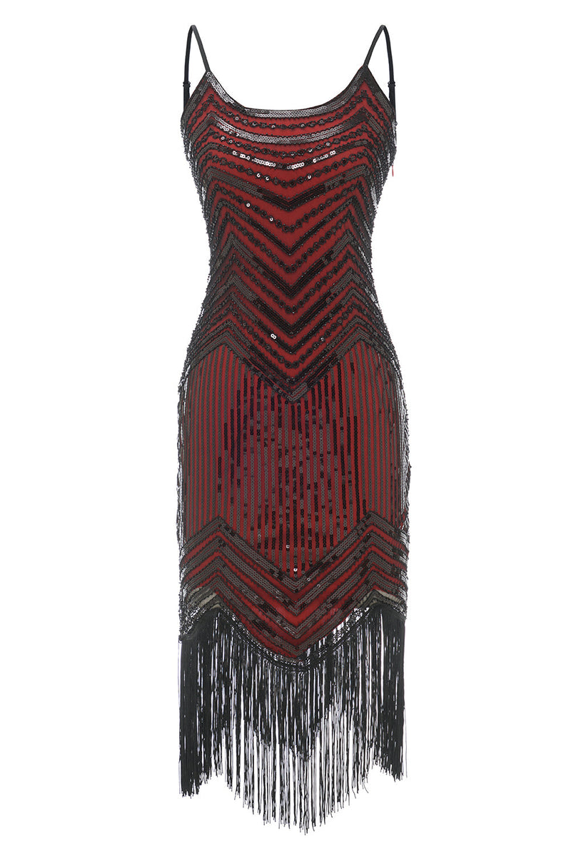 Załaduj obraz do przeglądarki galerii, Czarna Morela Cienkich Ramiączkach Sukienka Lata 20 Z Frędzlami