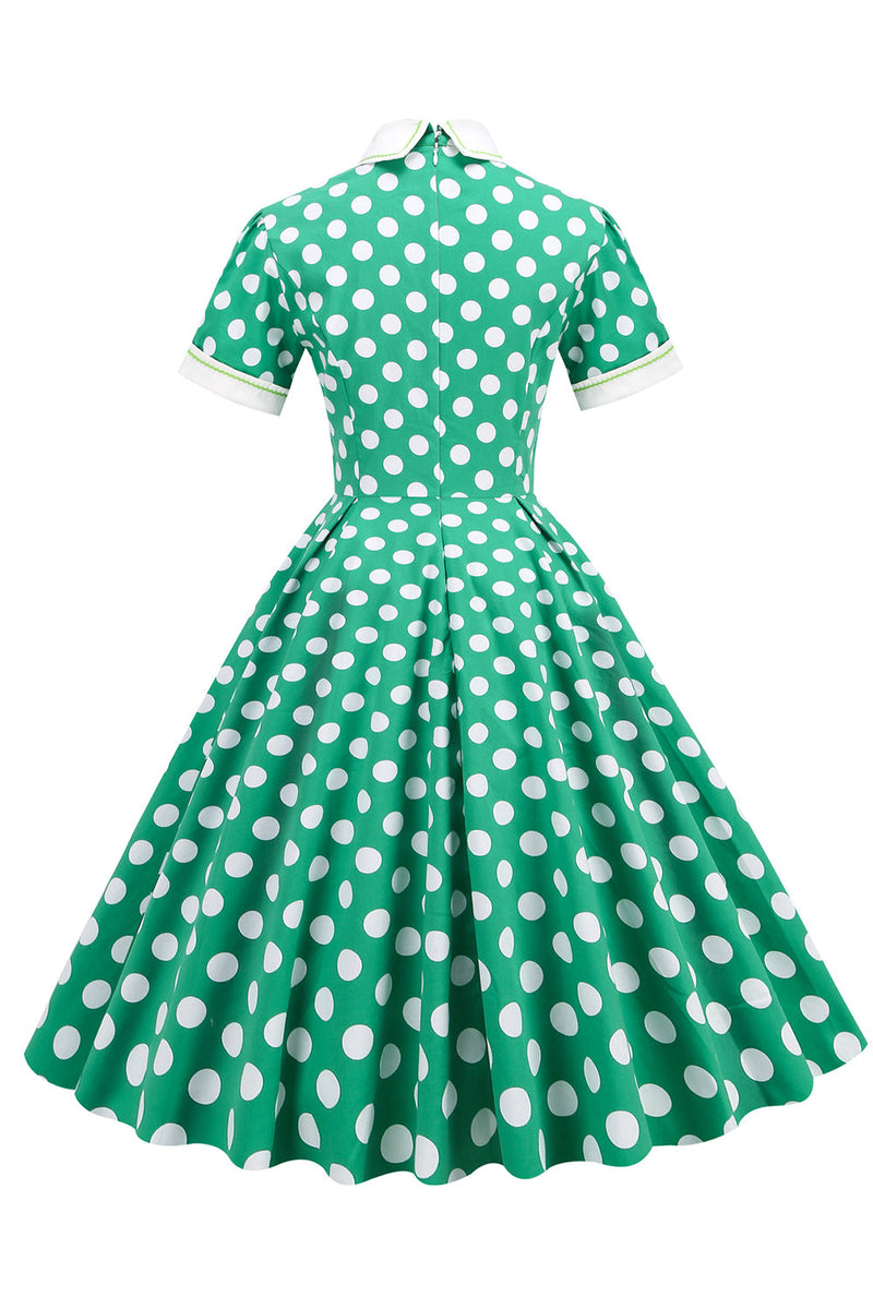 Załaduj obraz do przeglądarki galerii, Zielona biała sukienka w kropki vintage z krótkim rękawem