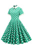 Załaduj obraz do przeglądarki galerii, Zielona biała sukienka w kropki vintage z krótkim rękawem