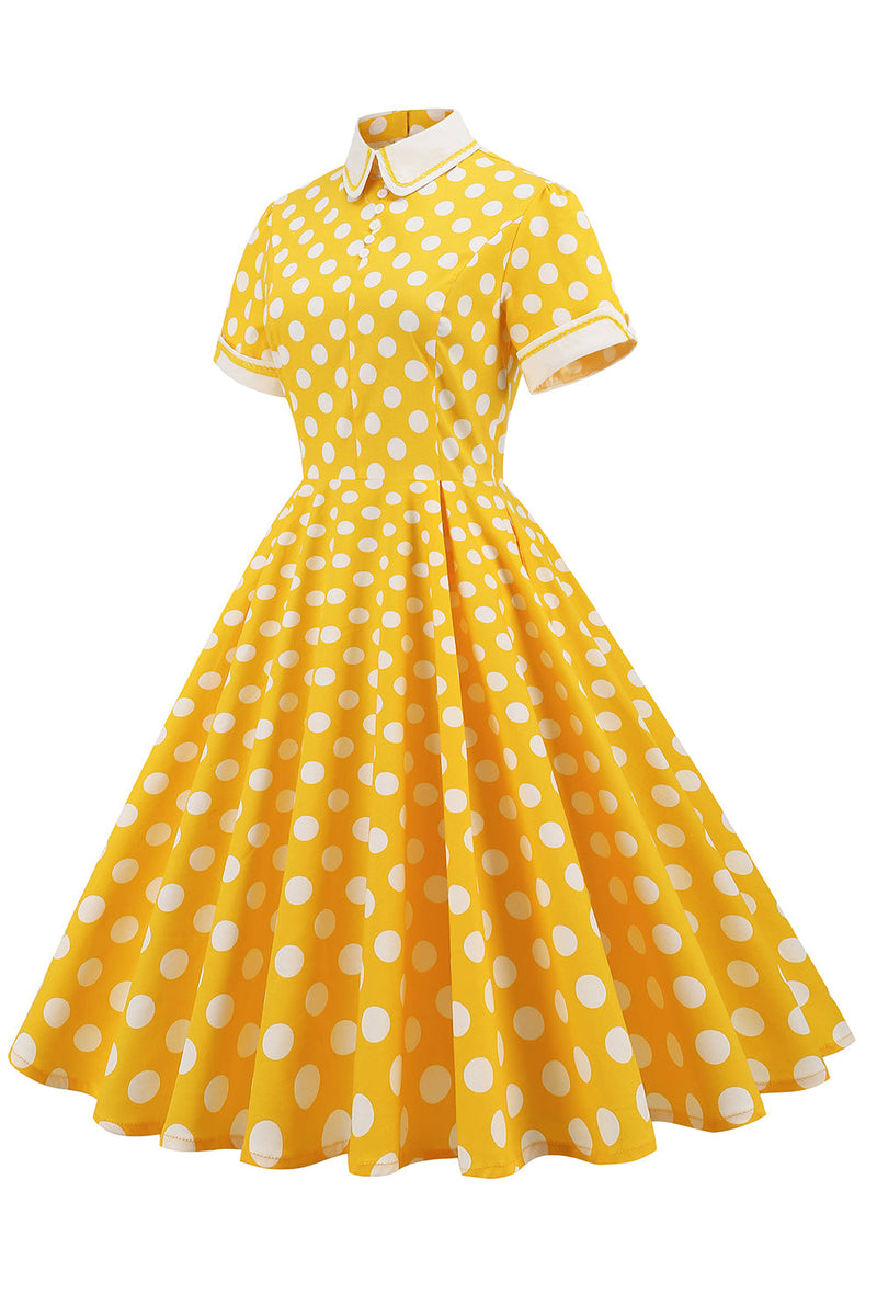 Załaduj obraz do przeglądarki galerii, Żółta polka Dots Wiosna 1950s Sukienka