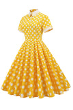Żółta polka Dots Wiosna 1950s Sukienka