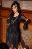 Załaduj obraz do przeglądarki galerii, Cekiny Czarna Sukienka Lata 20 Z Frędzlami z Krótki Rękaw