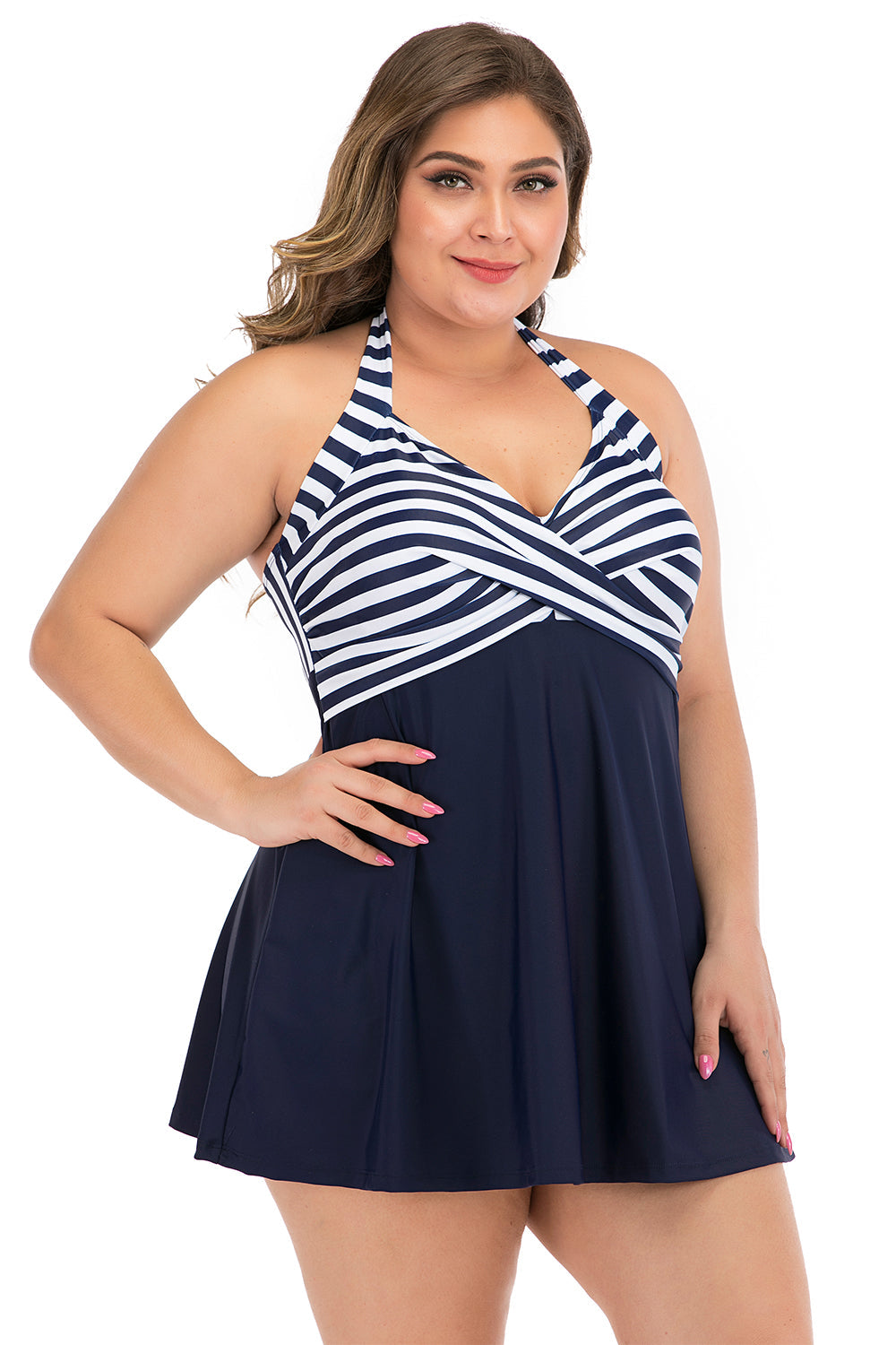 Plus Size Czarno-Białe Pasiaste Stroje Kąpielowe