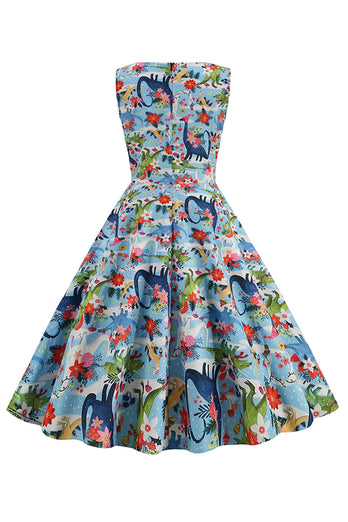 Jasnoniebieska Sukienka Vintage Lata 50 w Kwiaty