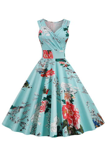 Jasnoniebieska Sukienka Pin Up Lata 50 w Kwiaty