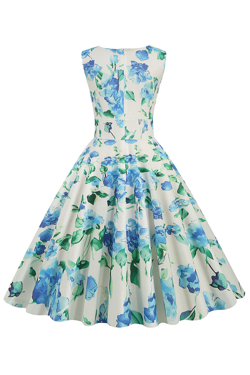 Załaduj obraz do przeglądarki galerii, Jasnoniebieska Sukienka Pin Up Lata 50 w Kwiaty