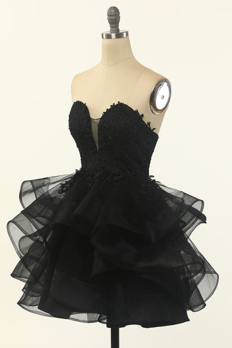 Załaduj obraz do przeglądarki galerii, Czarna Tiul Sukienka Koktajlowa Bez Ramiączek