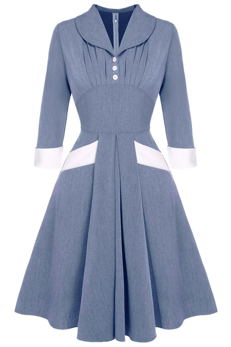 Załaduj obraz do przeglądarki galerii, Szaroniebieska Sukienka Lata 50 z Długim Rękawem