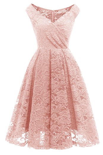Różowa Dekolt V Sukienki Koronkowe Plisowana