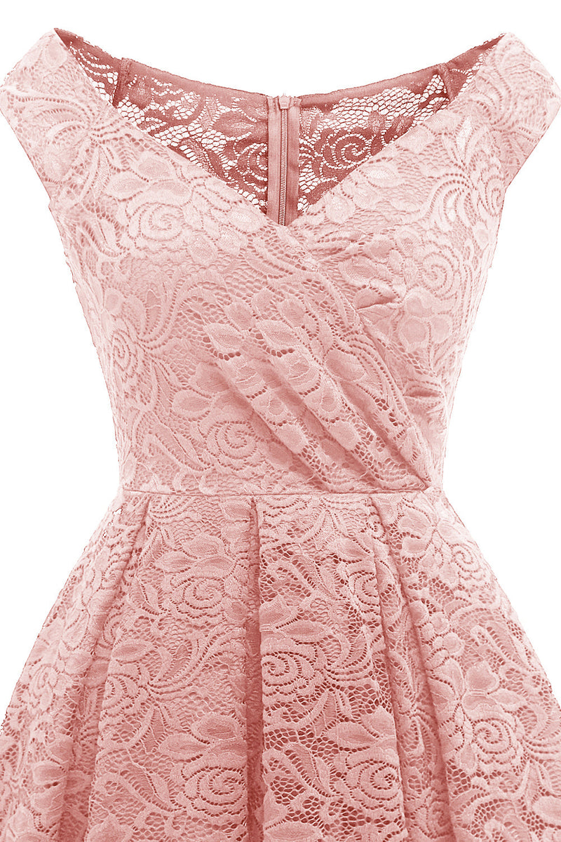 Załaduj obraz do przeglądarki galerii, Różowa Dekolt V Sukienki Koronkowe Plisowana