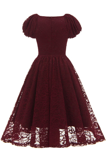 Burgundia Bufiskowe Rękawy Sukienki Koronkowe