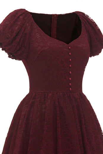 Burgundia Bufiskowe Rękawy Sukienki Koronkowe