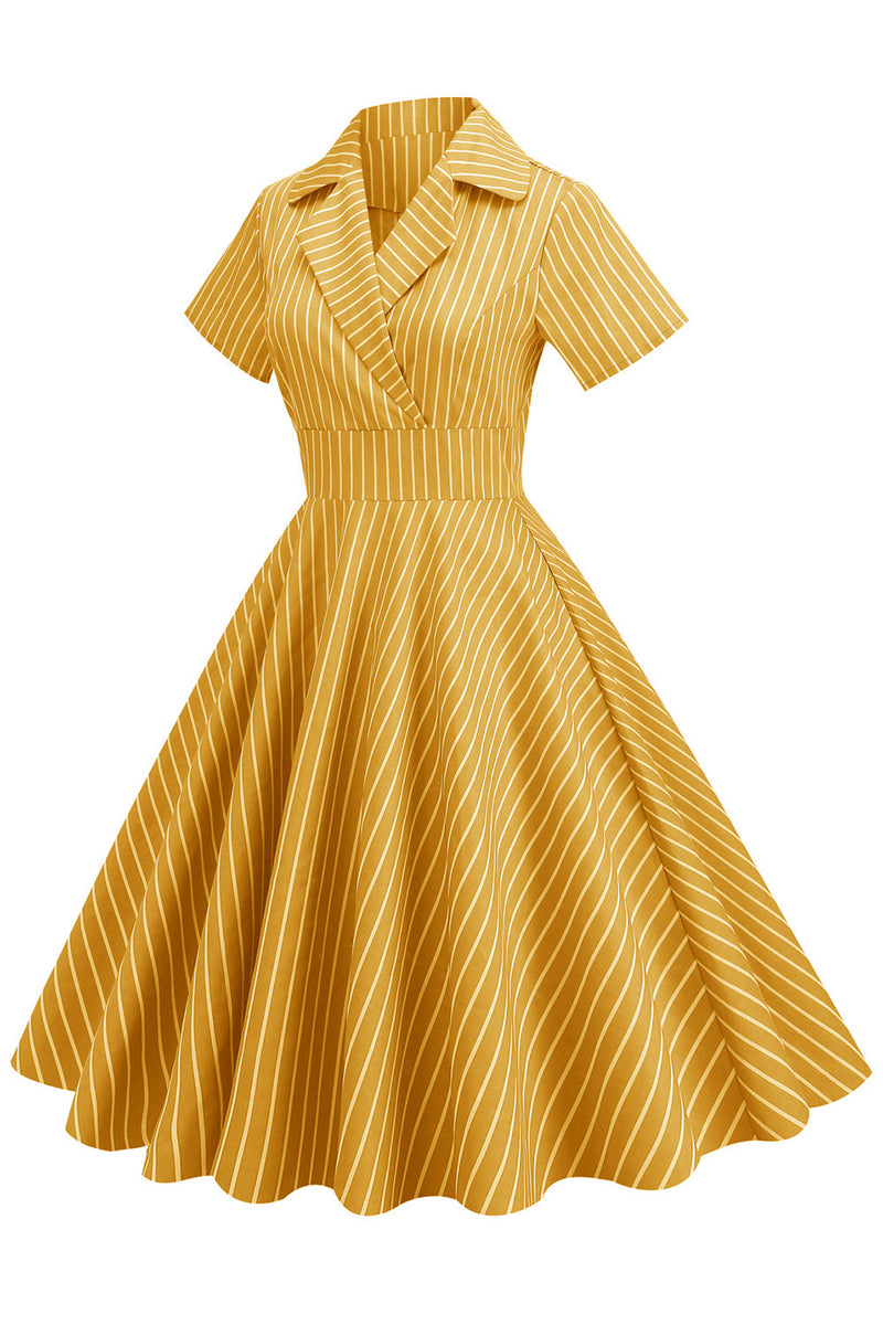 Załaduj obraz do przeglądarki galerii, Paski Sukienka Lata 50 z Krótkim Rękawem