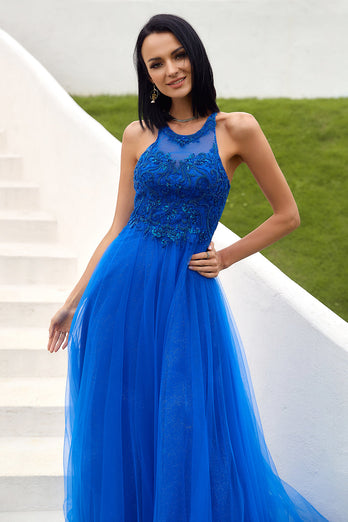 Królewska Niebieska Tiulowe Sukienka Na Studniówkę z Aplikacjami