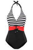 Czarny Halter Jednoczęściowe Stroje Kąpielowe Plus Size w Paski