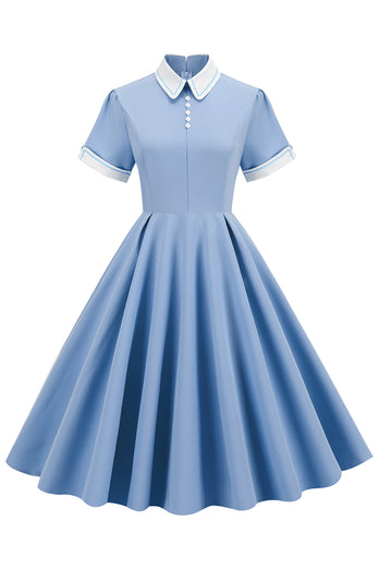 Jasnoniebieska Sukienka Vintage Lata 50 z Rękawami
