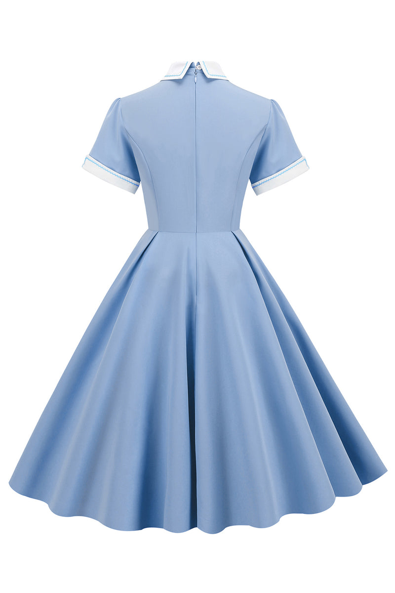 Załaduj obraz do przeglądarki galerii, Jasnoniebieska Sukienka Vintage Lata 50 z Rękawami