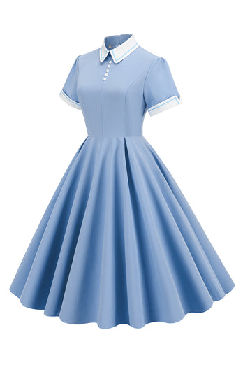 Jasnoniebieska Sukienka Vintage Lata 50 z Rękawami