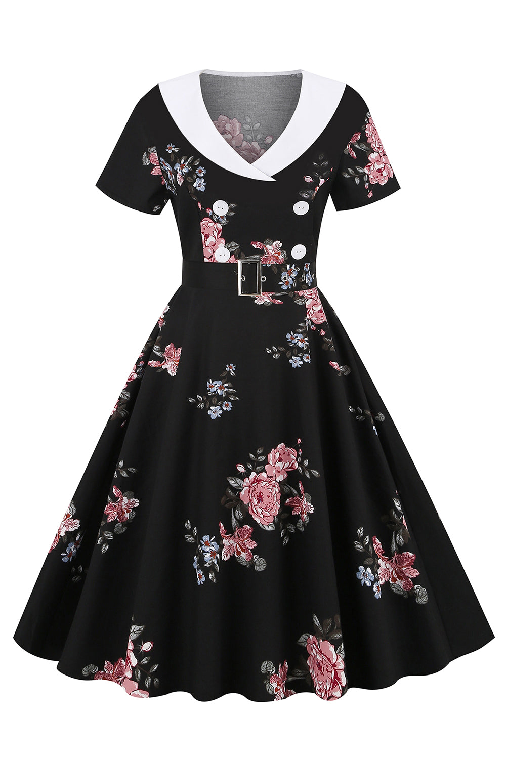 Czarna Sukienka Vintage w Kwiaty z Krótkim Rękawem