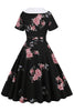 Załaduj obraz do przeglądarki galerii, Czarna Sukienka Vintage w Kwiaty z Krótkim Rękawem