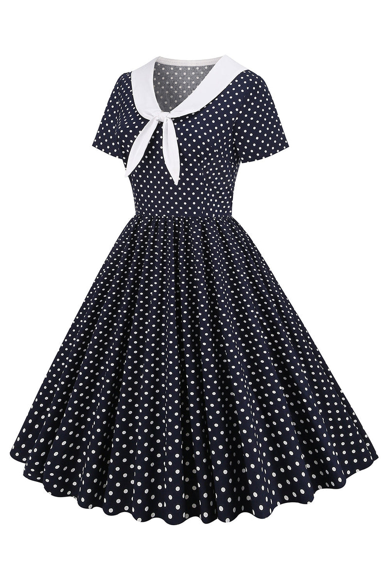 Załaduj obraz do przeglądarki galerii, Czarno-Biała Sukienki Vintage w Groszki z Kokardką