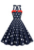 Załaduj obraz do przeglądarki galerii, Granatowa Drukowane Sukienka Pin Up Lata 50 w Gwiazdki