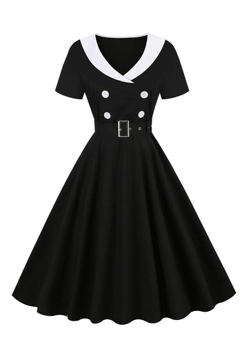 Czarna Sukienka Vintage Lata 50 z Krótki Rękaw