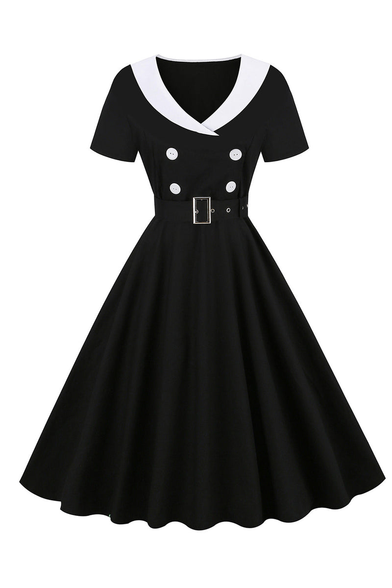Załaduj obraz do przeglądarki galerii, Czarna Sukienka Vintage Lata 50 z Krótki Rękaw