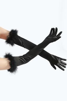 Czarne Rękawiczki Imprezowe Gatsby z Piórami