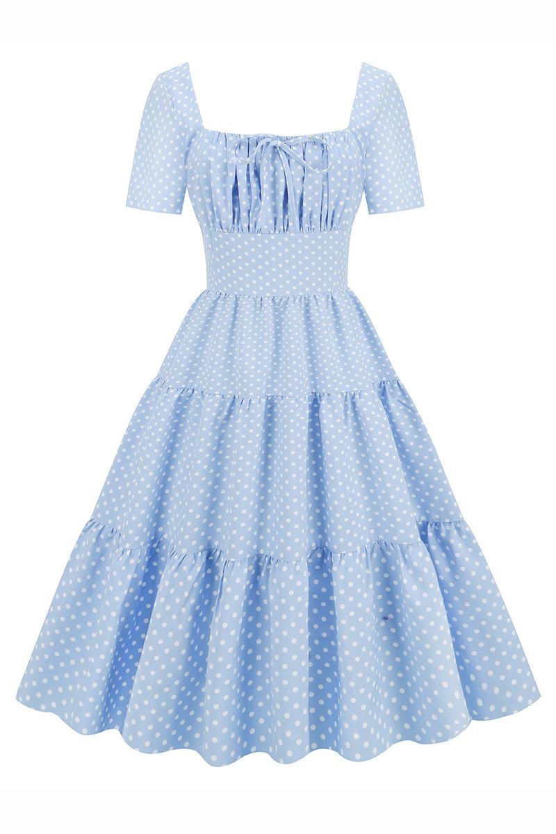 Załaduj obraz do przeglądarki galerii, Jasnoniebieska Sukienka Lata 50 w Groszki