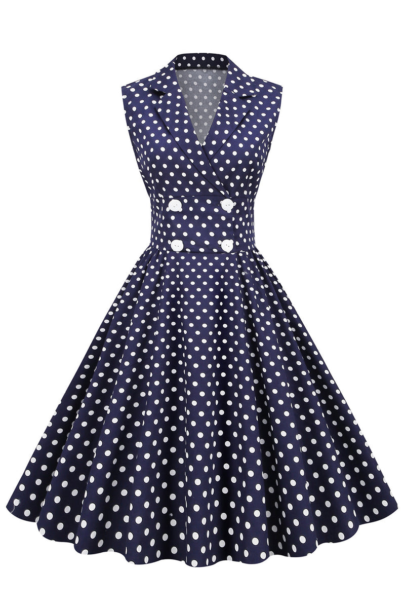 Załaduj obraz do przeglądarki galerii, Granatowa sukienka w serek Polka Dots 1950s Swing Dress