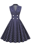 Granatowa sukienka w serek Polka Dots 1950s Swing Dress