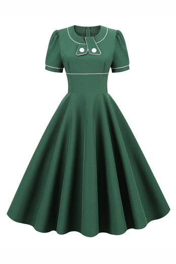 Zielona Sukienka Vintage Lata 50 z Krótkie Rękawy