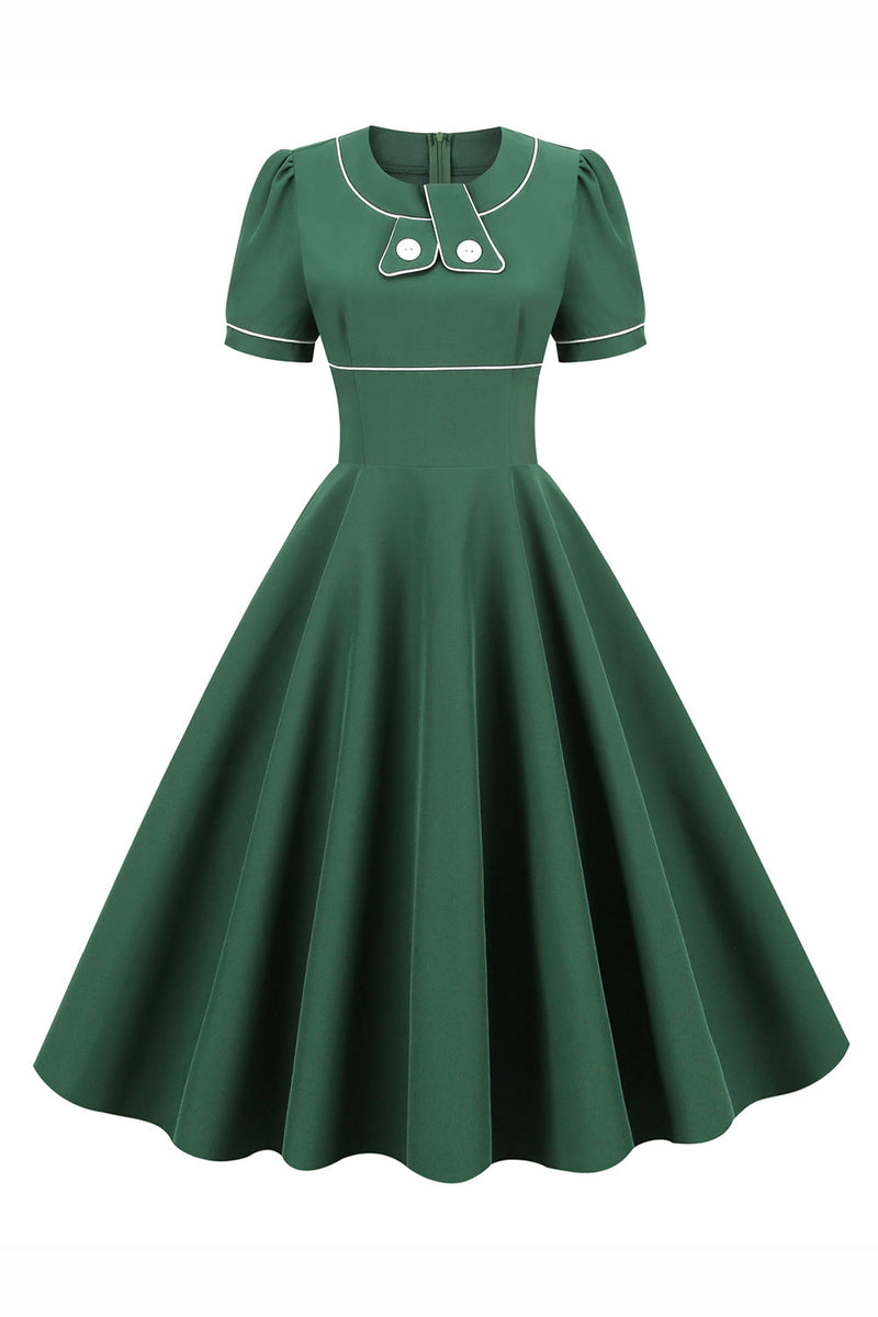 Załaduj obraz do przeglądarki galerii, Zielona Sukienka Vintage Lata 50 z Krótkie Rękawy