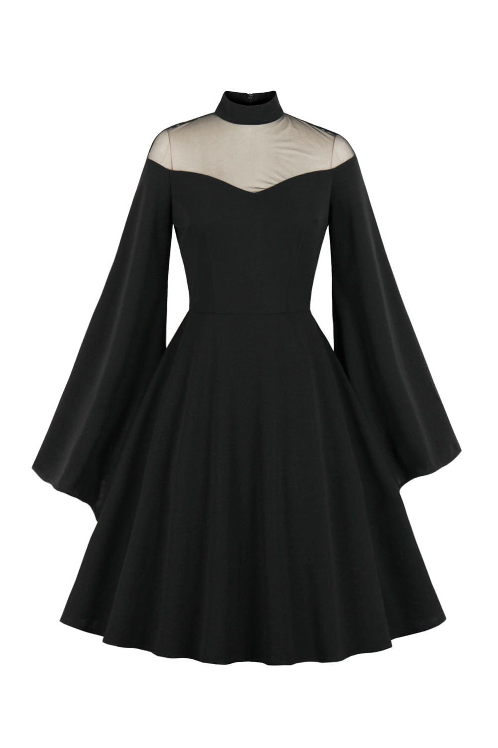 Vintage Czarna sukienka halloweenowa z długim rękawem