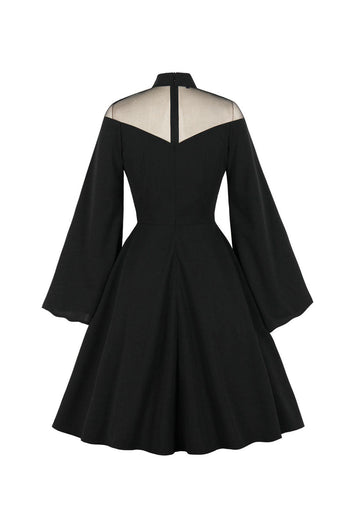 Vintage Czarna sukienka halloweenowa z długim rękawem